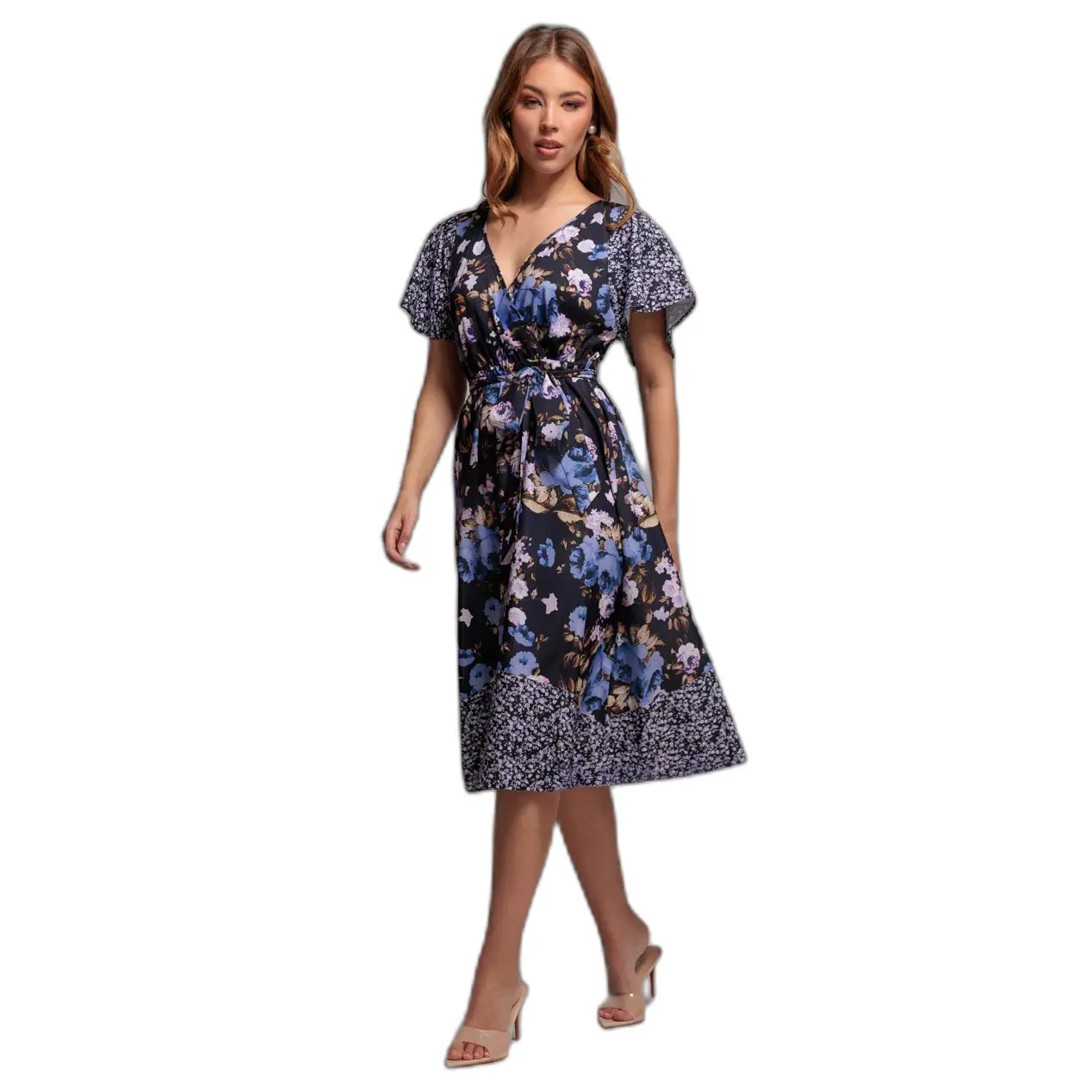 Robe midi stampata a maniche a farfalla donna