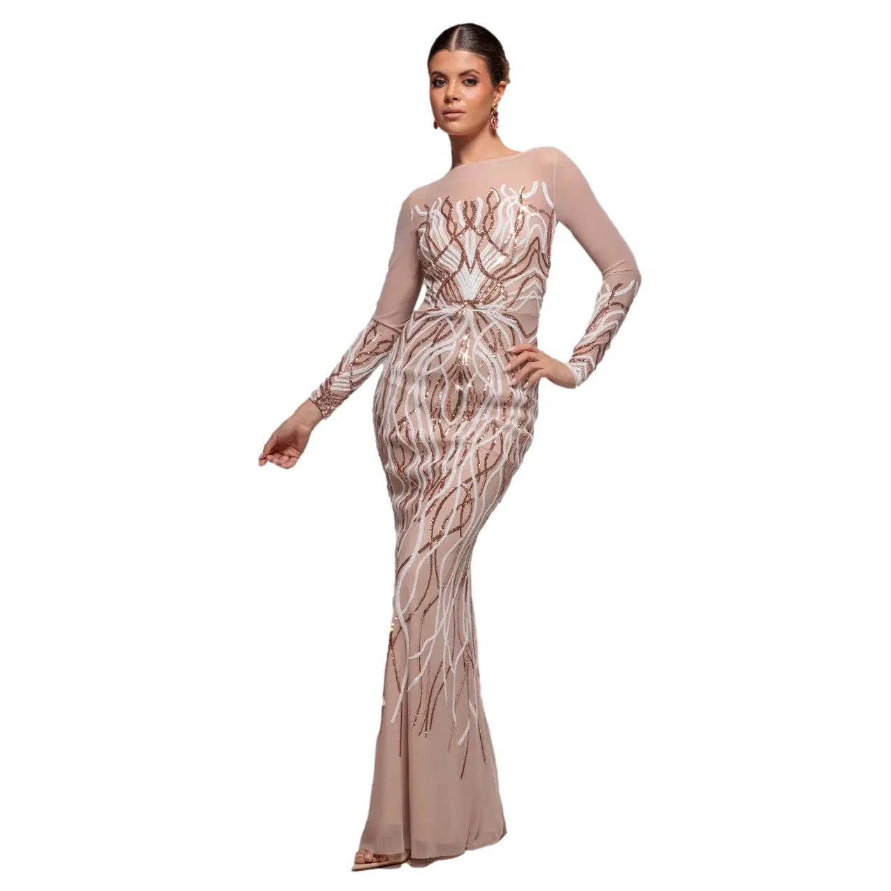 Langarmige Flamme Pailletten Kleid Damen Goddiva Maxi