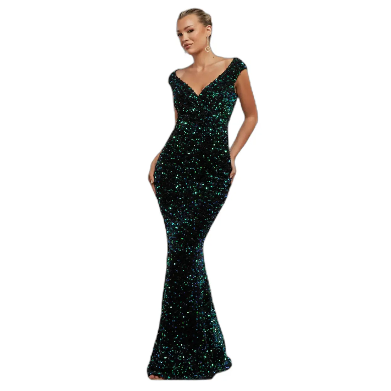 Image of Langes Kleid, Damen Goddiva Multi Sequin & Velvet Bardot