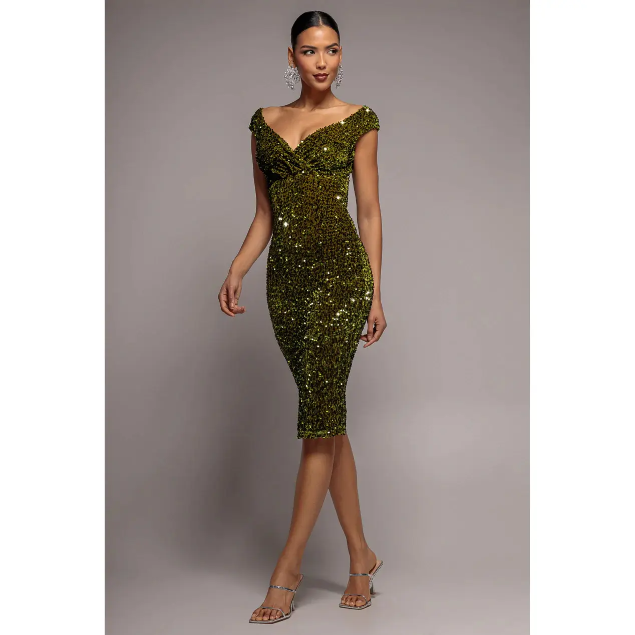 Goddiva Women's Vert Tight Dress Bardot Midi