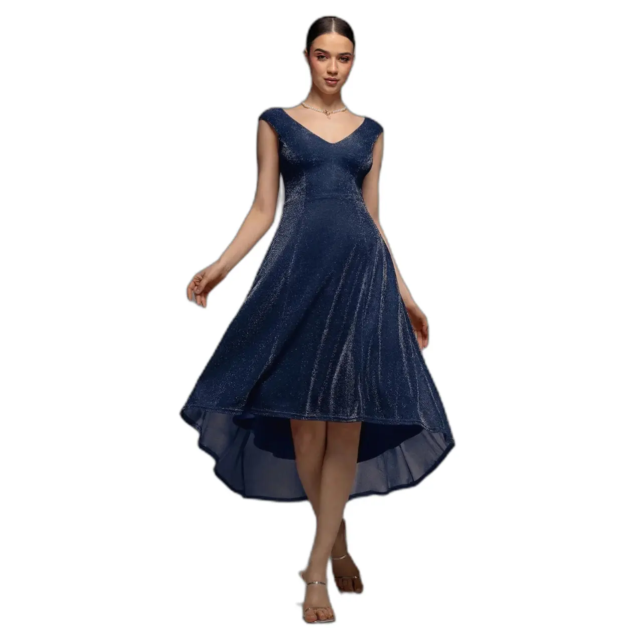 Goddiva Donna Bleu Abito Asimmetrico A Spalle Scoperte Lurex