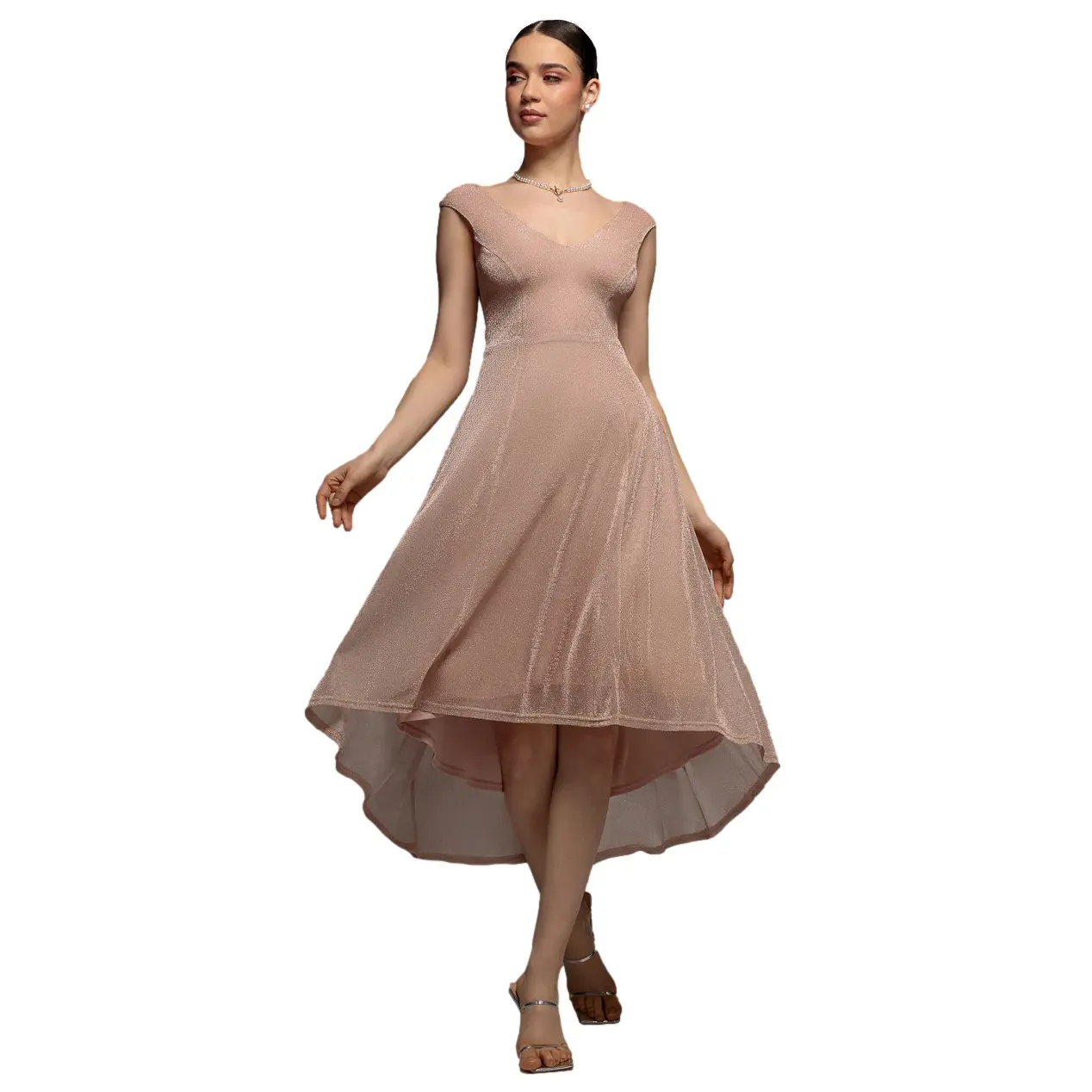 Goddiva Donna Beige Abito Asimmetrico A Spalle Scoperte Lurex