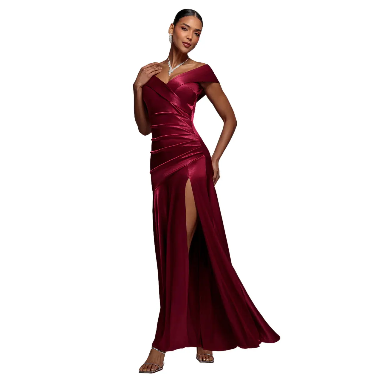 Robe moulante maxi plissée épaules dénudées in satin donna