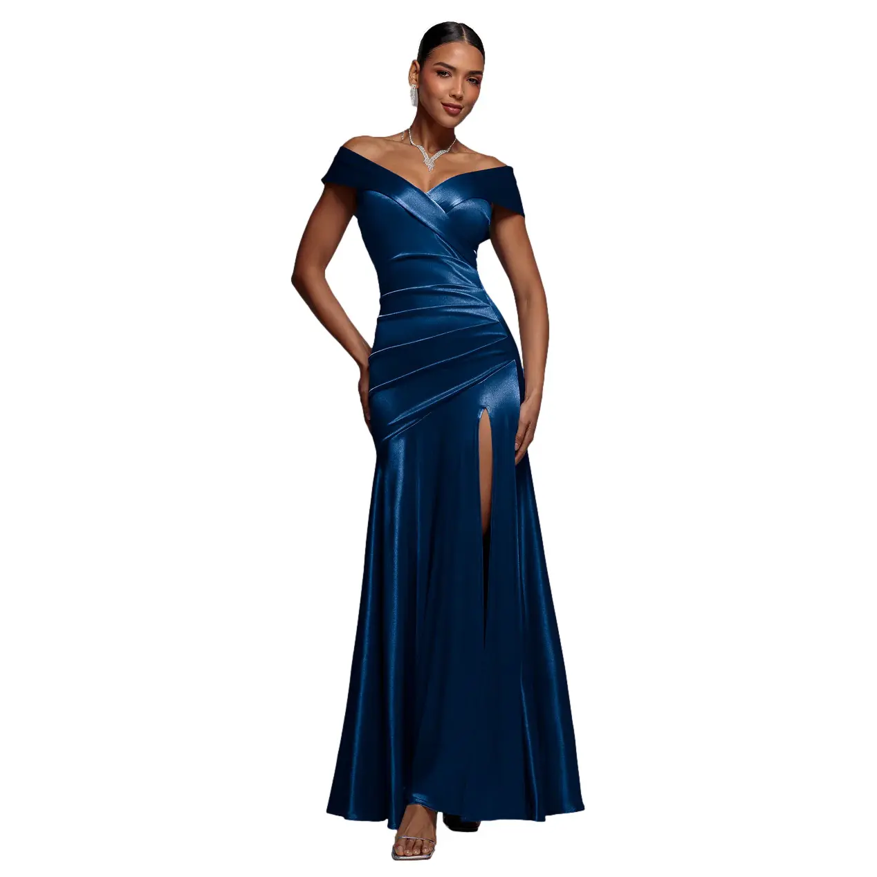 Robe moulante maxi plissée épaules dénudées in satin donna