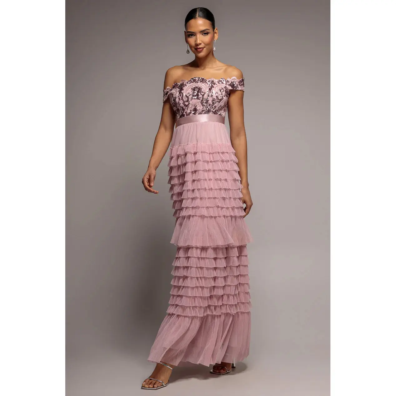 Rüschenshirt und Spitzenbluse Damen Goddiva Bardot Maxi
