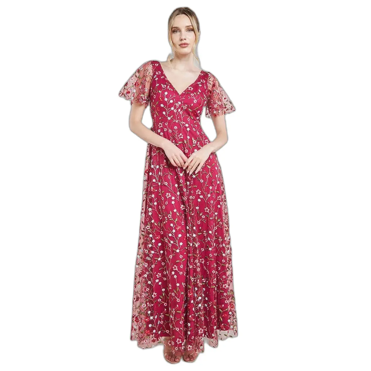 Vestito da donna  Flutter Sleeve Floral Embroidered