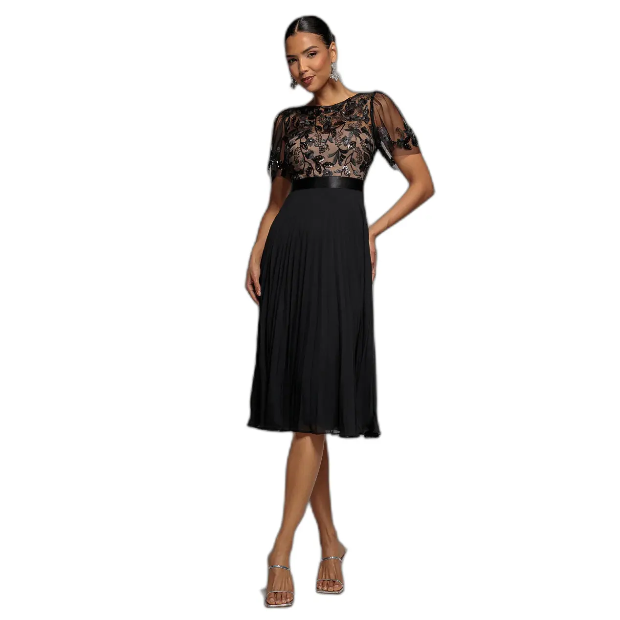 Image of Midikleid aus bestickter Chiffon mit Falten für Damen Goddiva