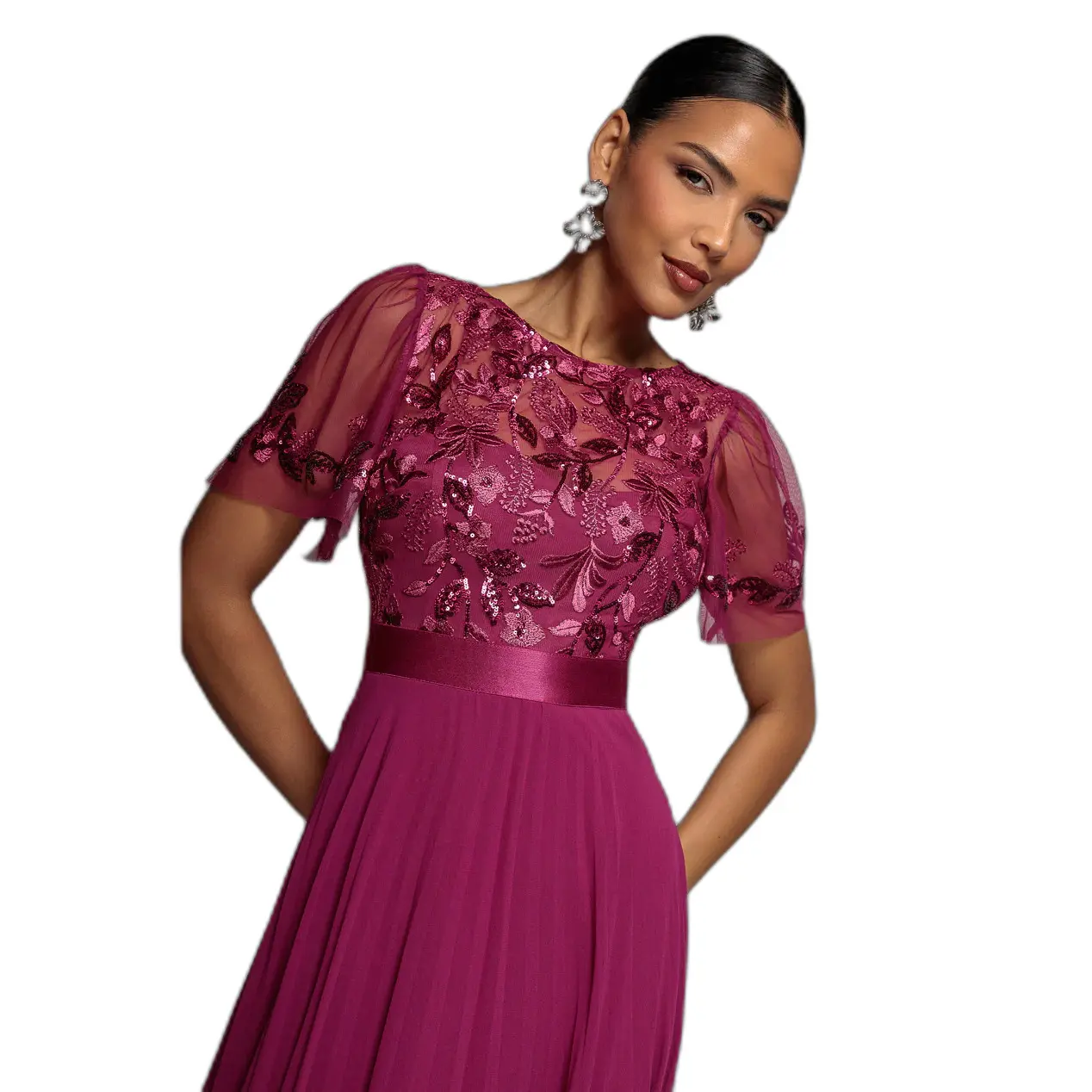 Midikleid aus bestickter Chiffon mit Falten für Damen Goddiva