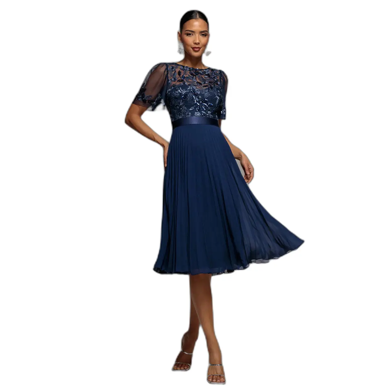 Abito midi plissettato in mussola ricamata donna