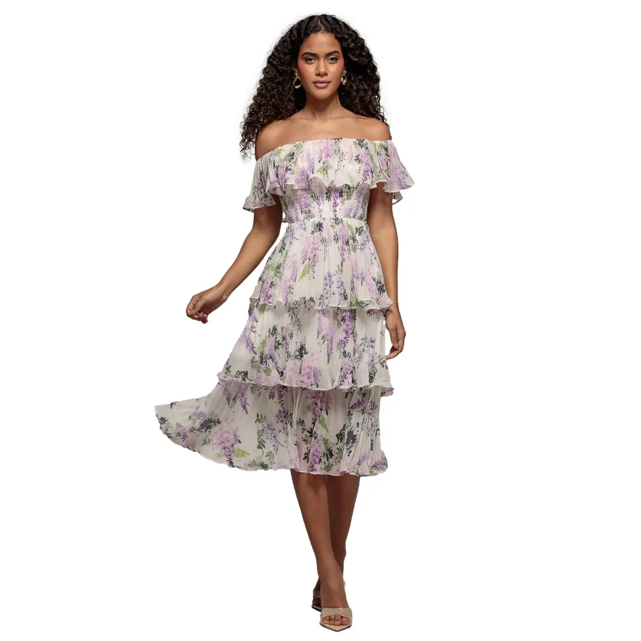 Robe midi bardot stampata floreale in mousseline donna