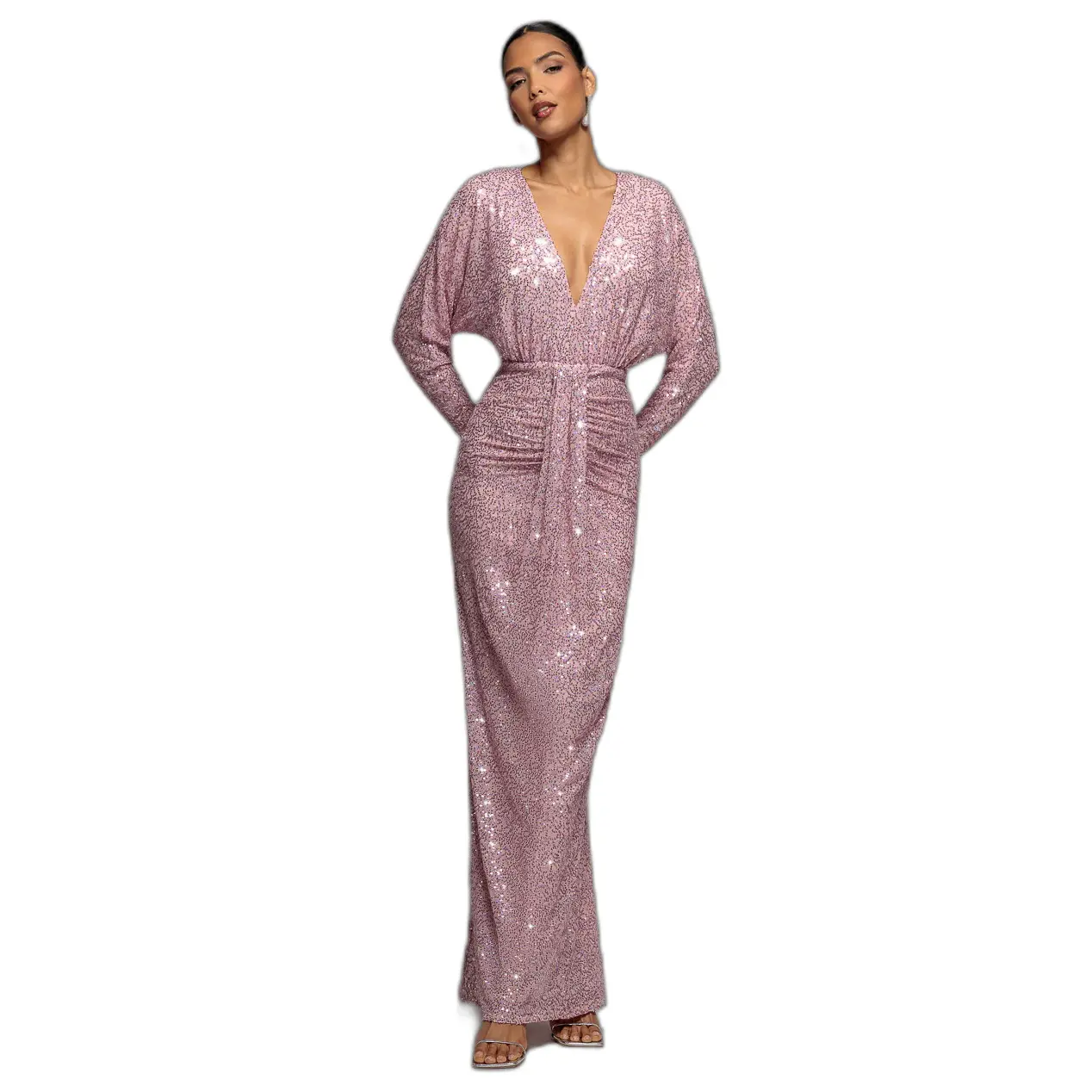 Image of Pailletten Kleid V-Ausschnitt Damen Goddiva Maxi