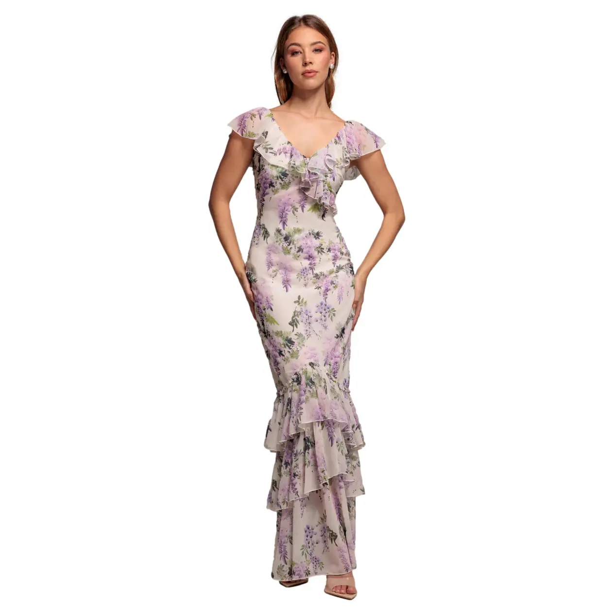 Robe stampata con volant al collo e all'orlo donna