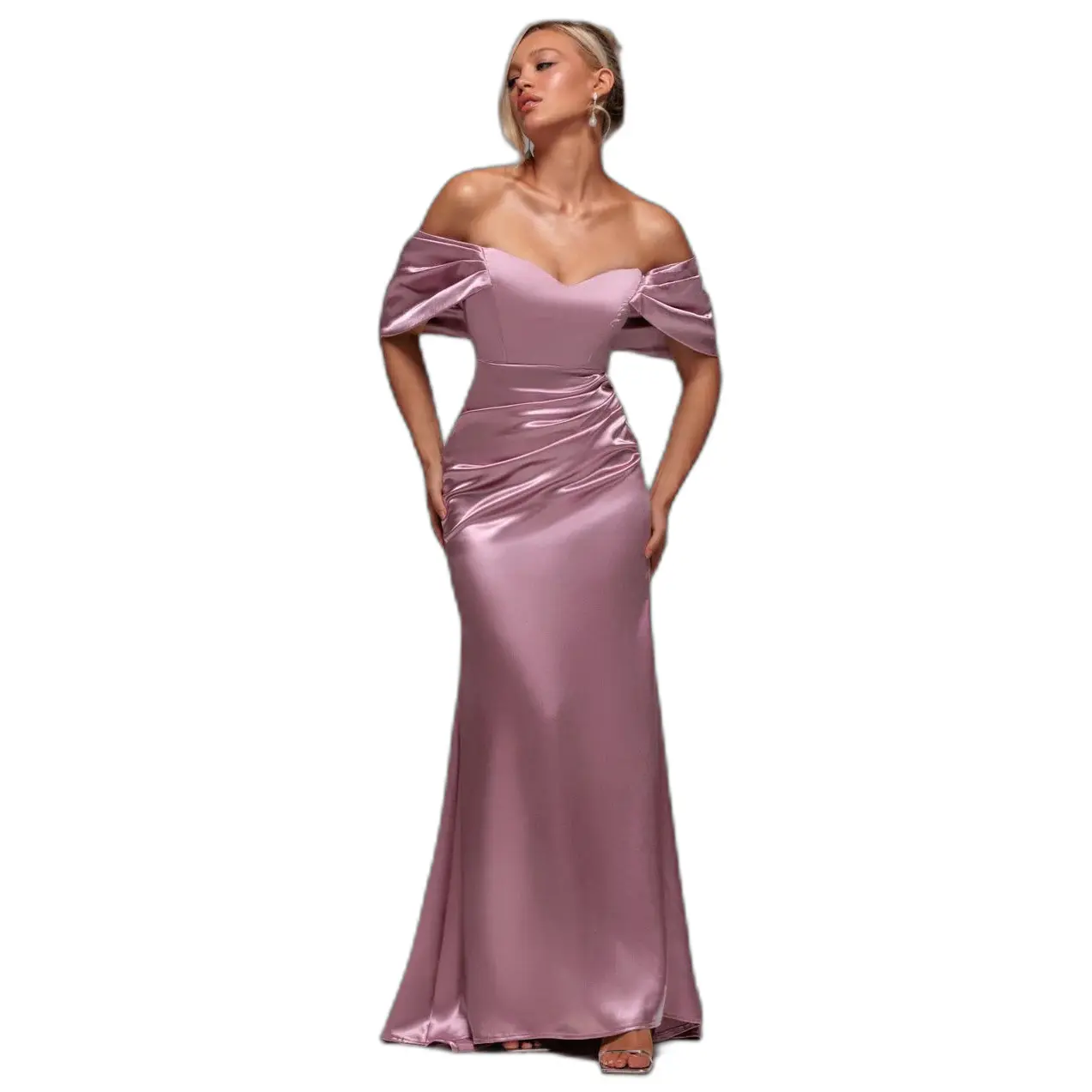 Off-the-Shoulder Satin Dress with V Neck Women Goddiva