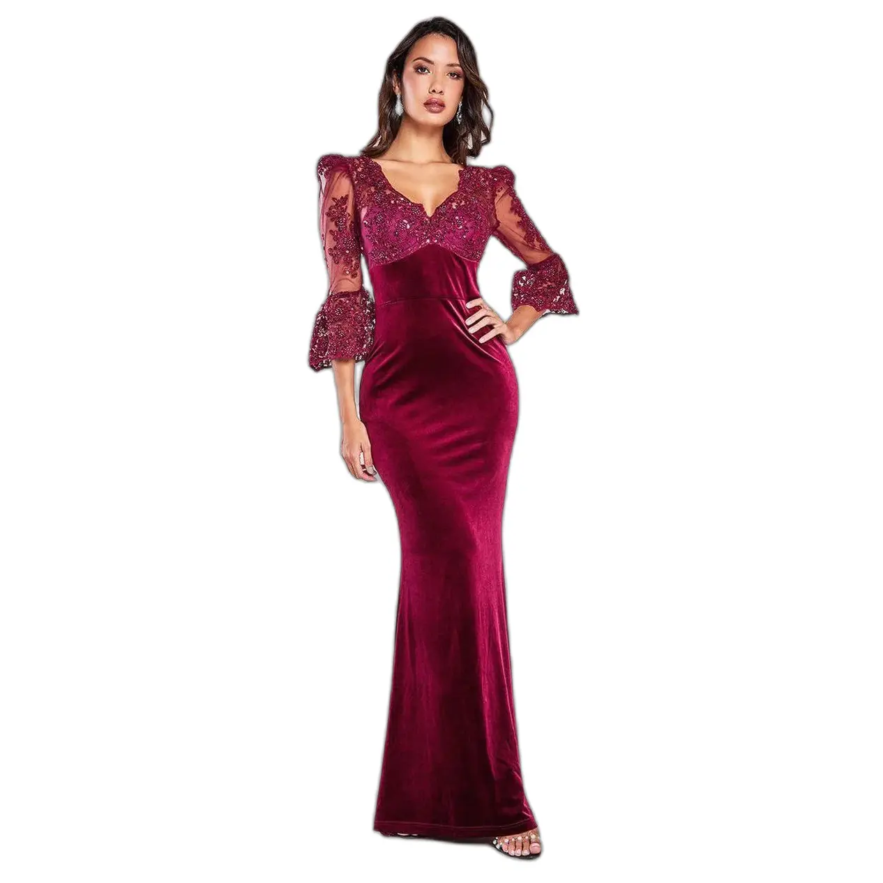 Robe moulante in pizzo festonato e velluto donna