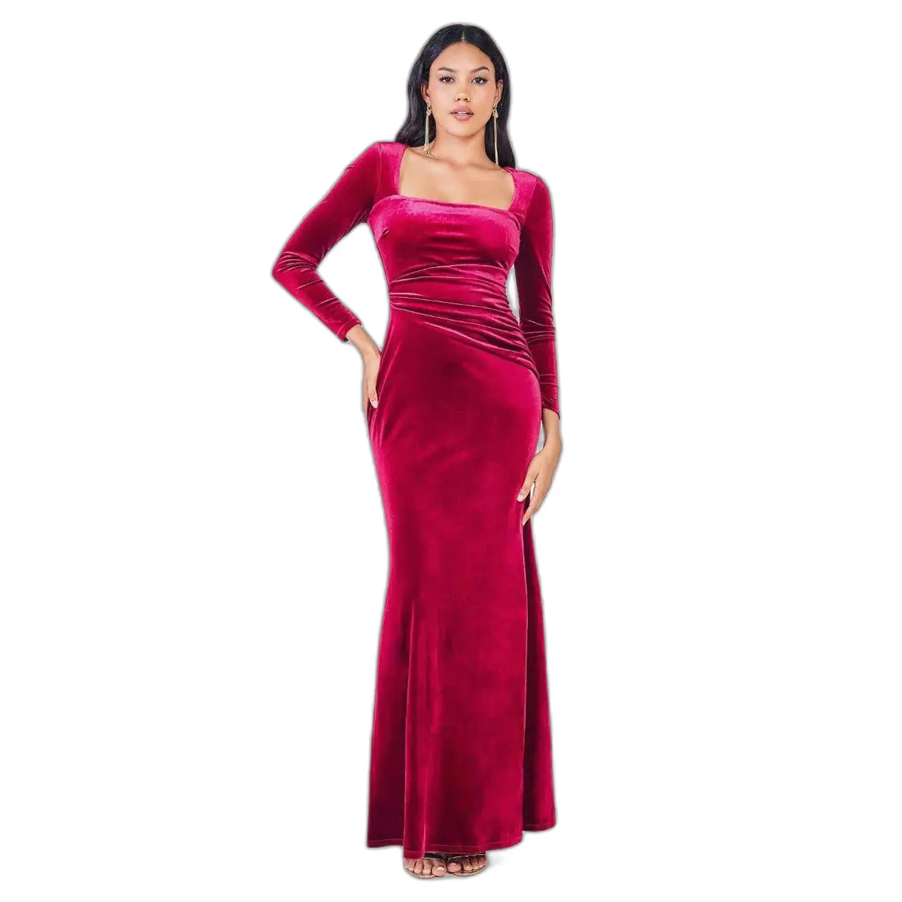 Robe moulante lunga in velluto con scollatura quadrata e vita arricciata donna