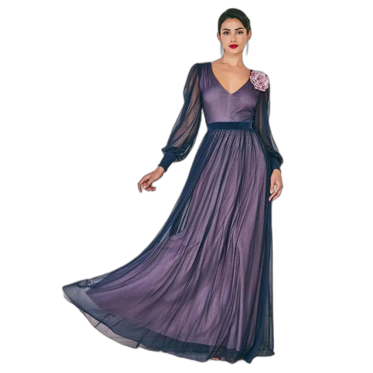 Image of Lange V-Ausschnitt Kleid Damen Goddiva Dobby