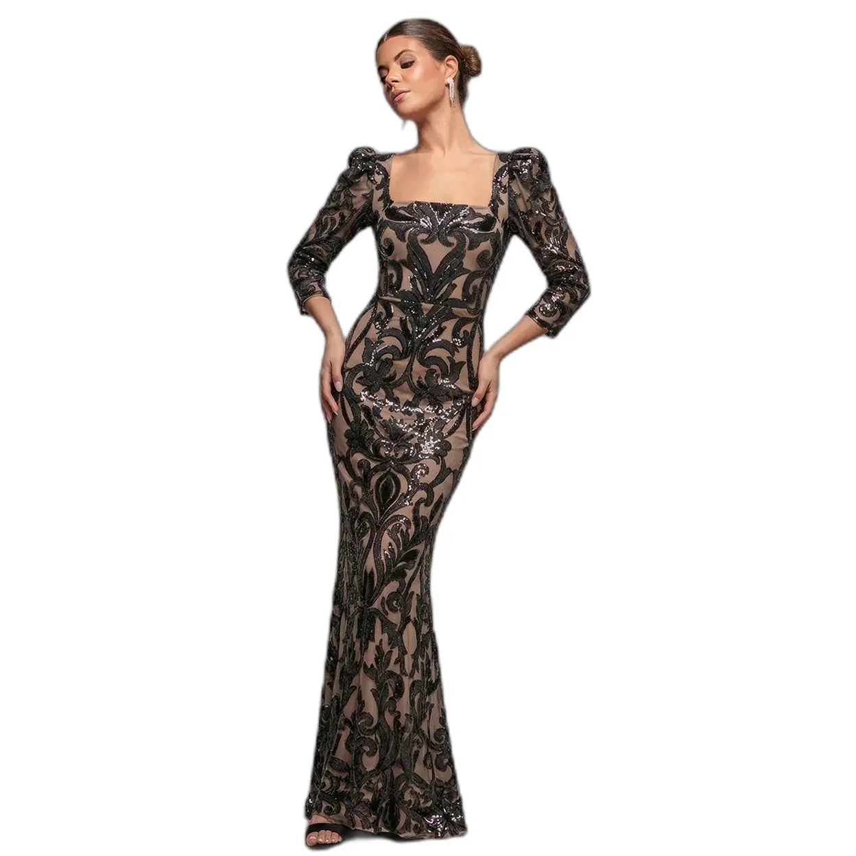 Robe lunga con scollo quadrato e pizzo donna