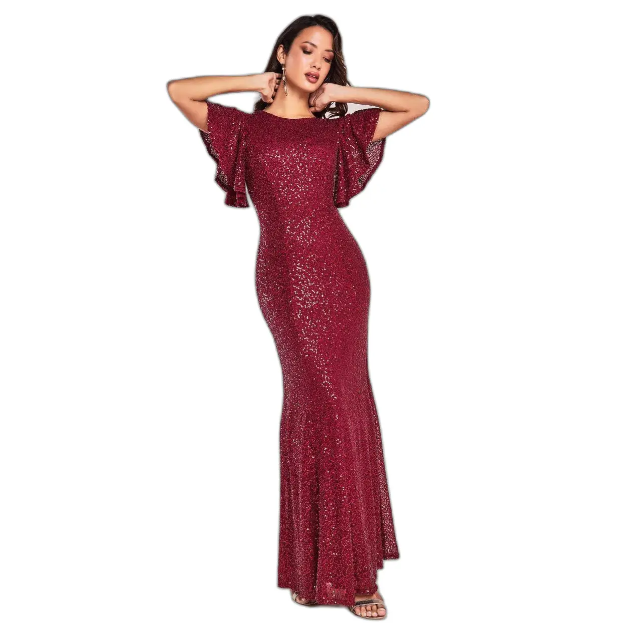 Damenfigurbetonendes Kleid mit schwebenden Ärmeln Goddiva