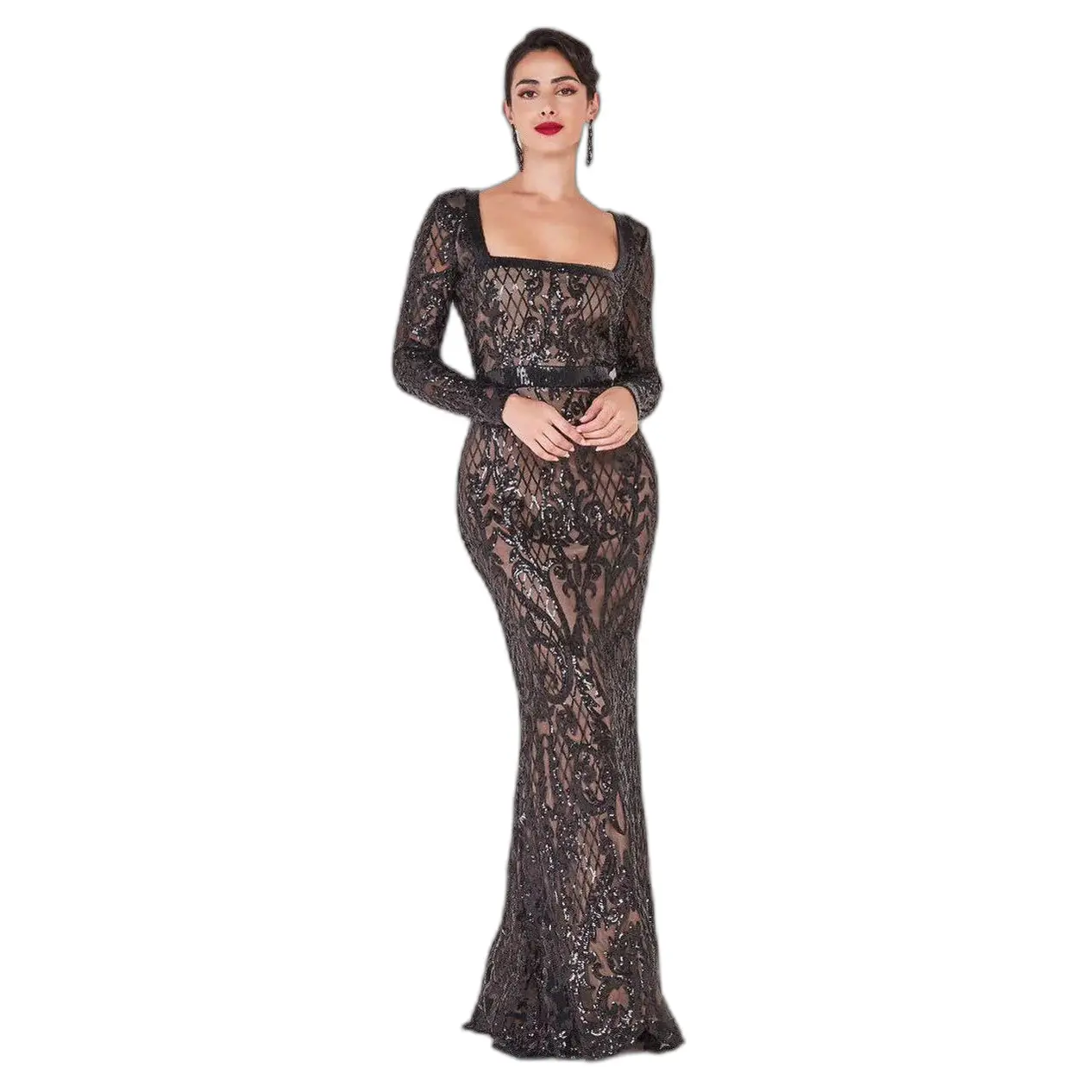 Image of Figurformendes Kleid mit quadratischem Ausschnitt und Pailletten, mit gewelltem Saum Damen Goddiva