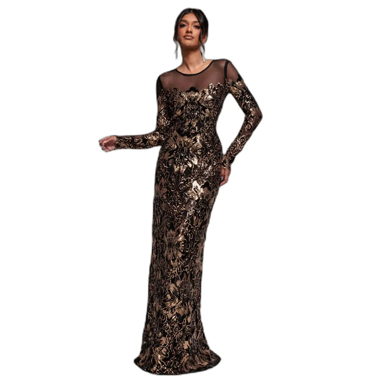 Robe moulante lunga in rete con paillettes e motivo floreale donna