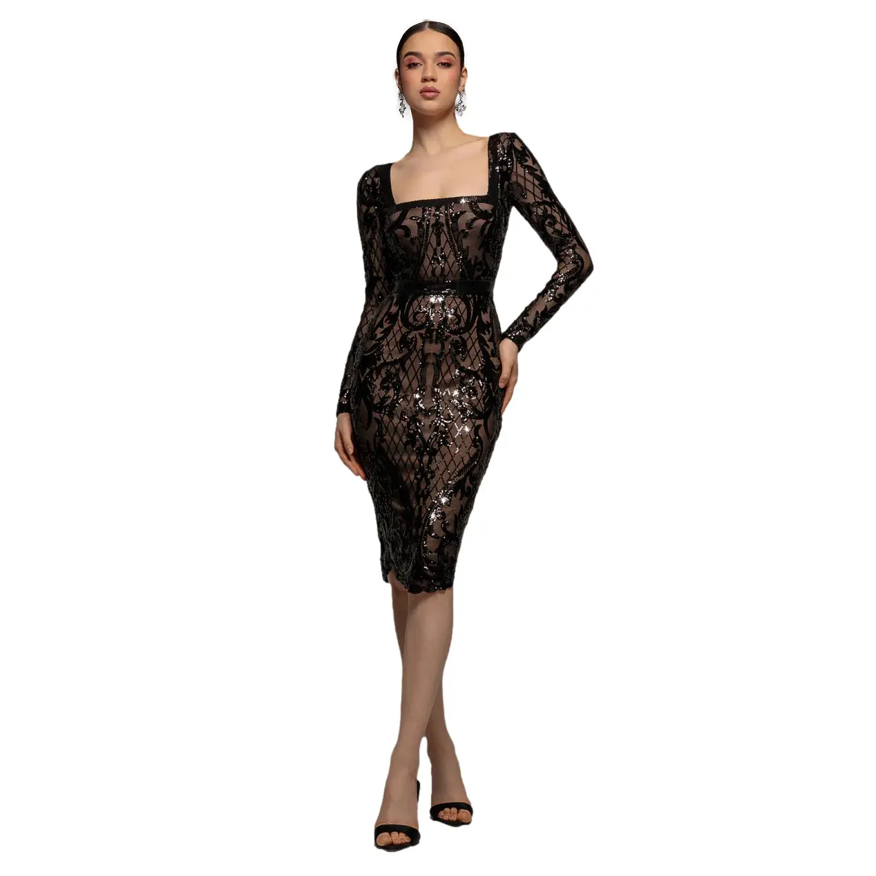 Image of Körpernahe Kleid mit quadratischem Ausschnitt und welligem Saum Damen Goddiva Midi