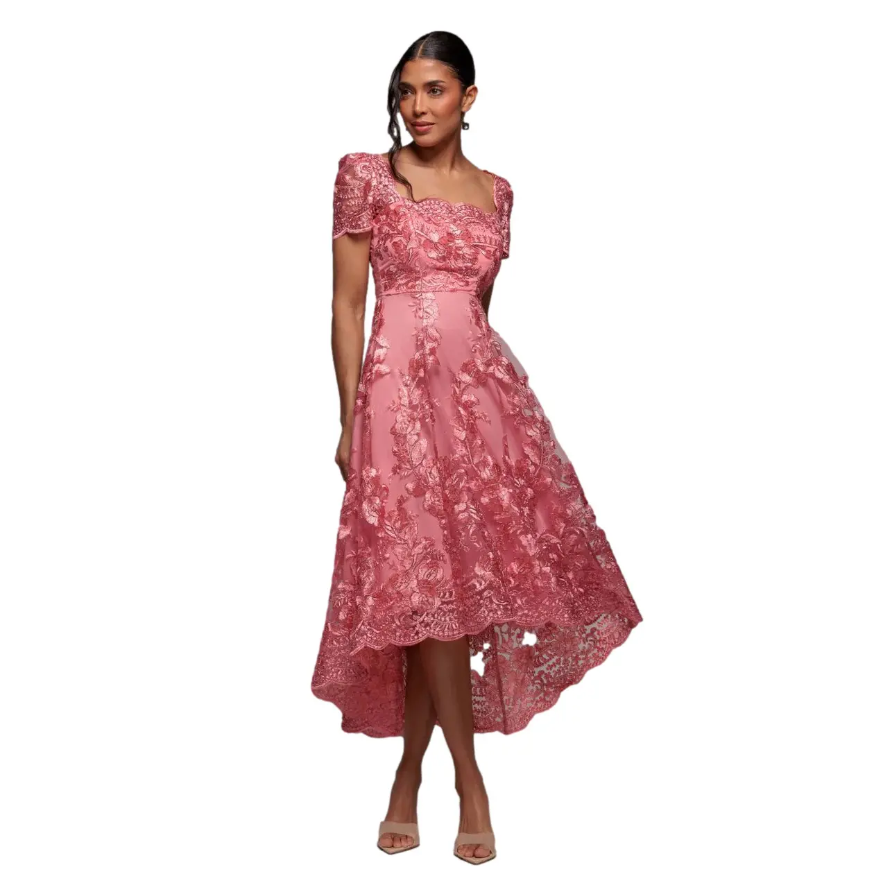 Image of Asymmetrisches Midi-Kleid aus bestickter Spitze mit Wellenkragen Damen Goddiva