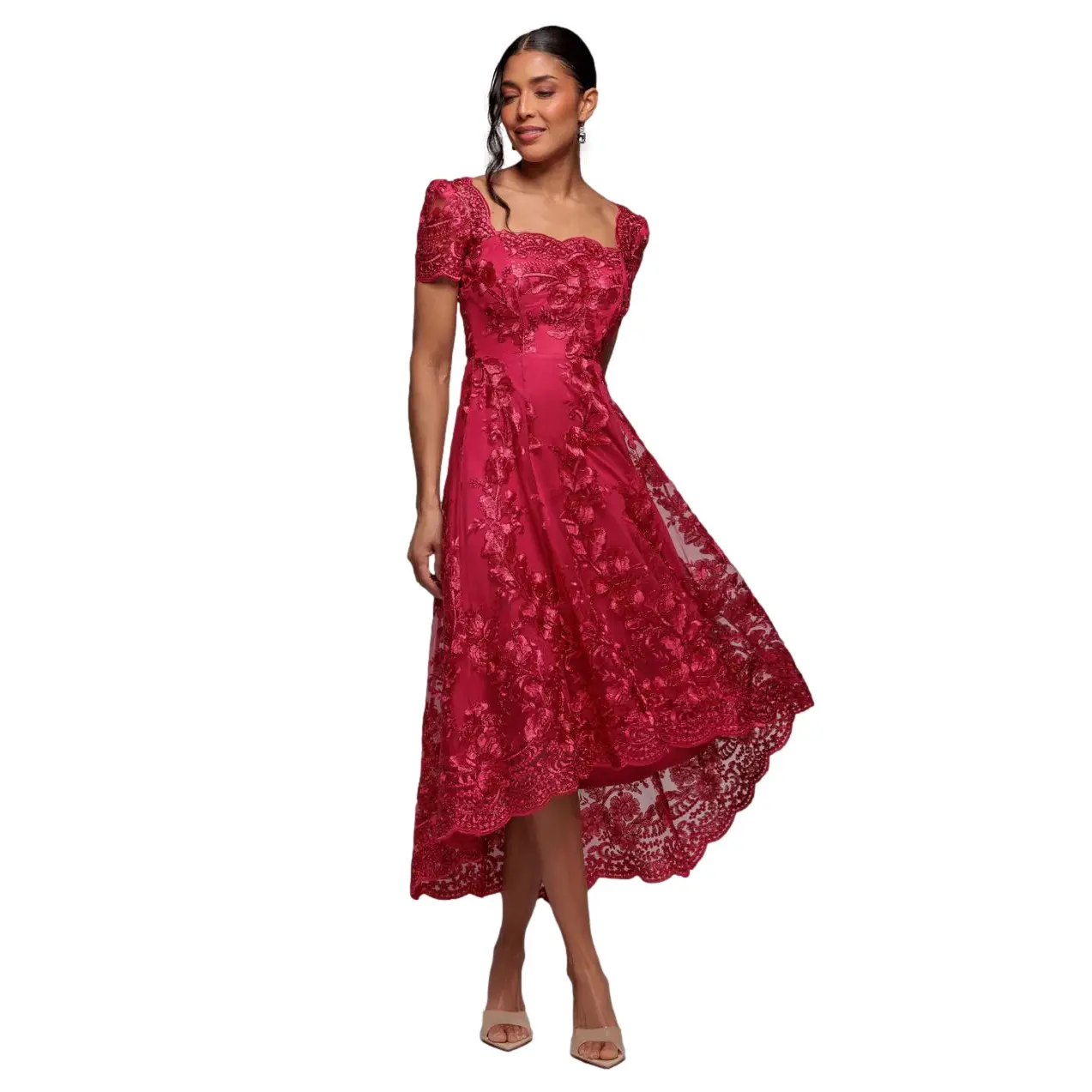 Asymmetrisches Midi-Kleid aus bestickter Spitze mit Wellenkragen Damen Goddiva