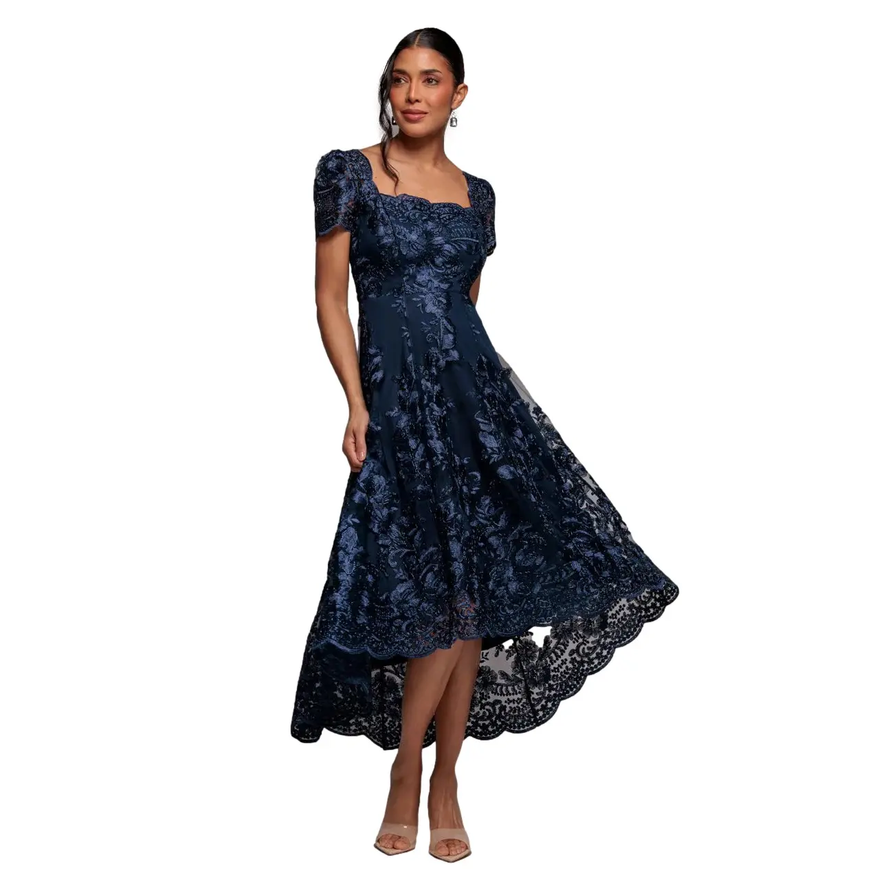 Womenâs Asymmetrical Midi Bodycon Dress in Embroidered Lace with Scalloped Neckline