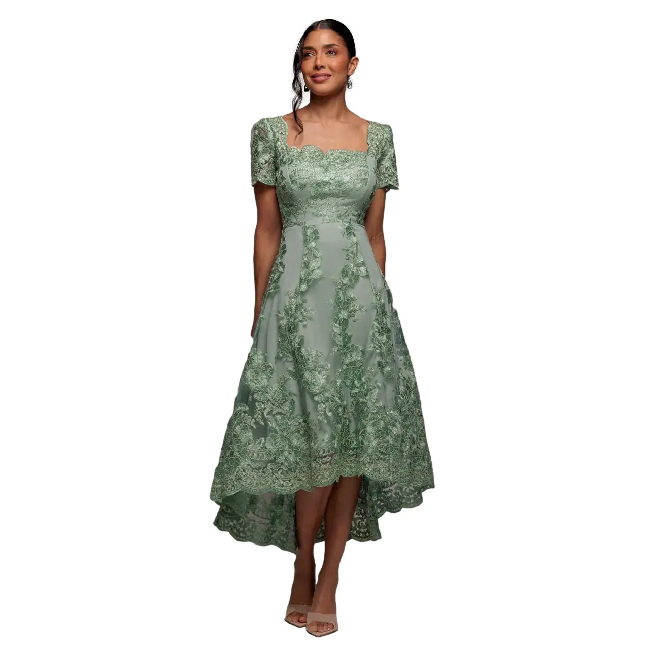 Womenâs Asymmetrical Midi Bodycon Dress in Embroidered Lace with Scalloped Neckline
