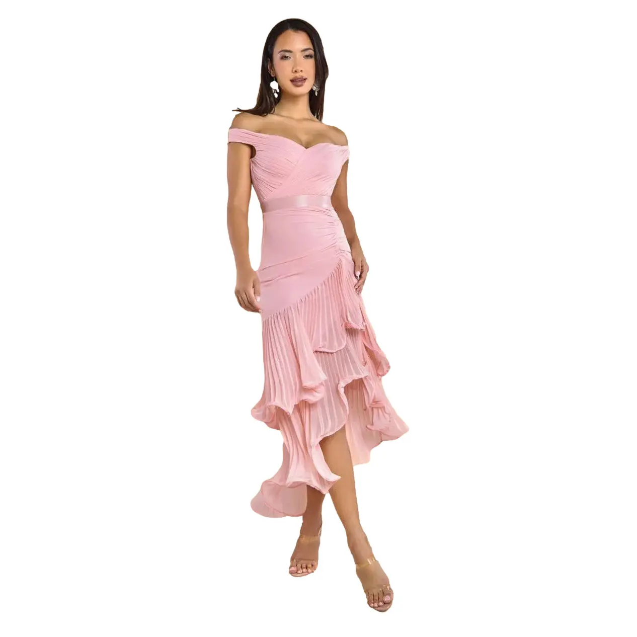 Image of Asymmetrisches plissiertes midi Kleid aus Chiffon Damen Goddiva