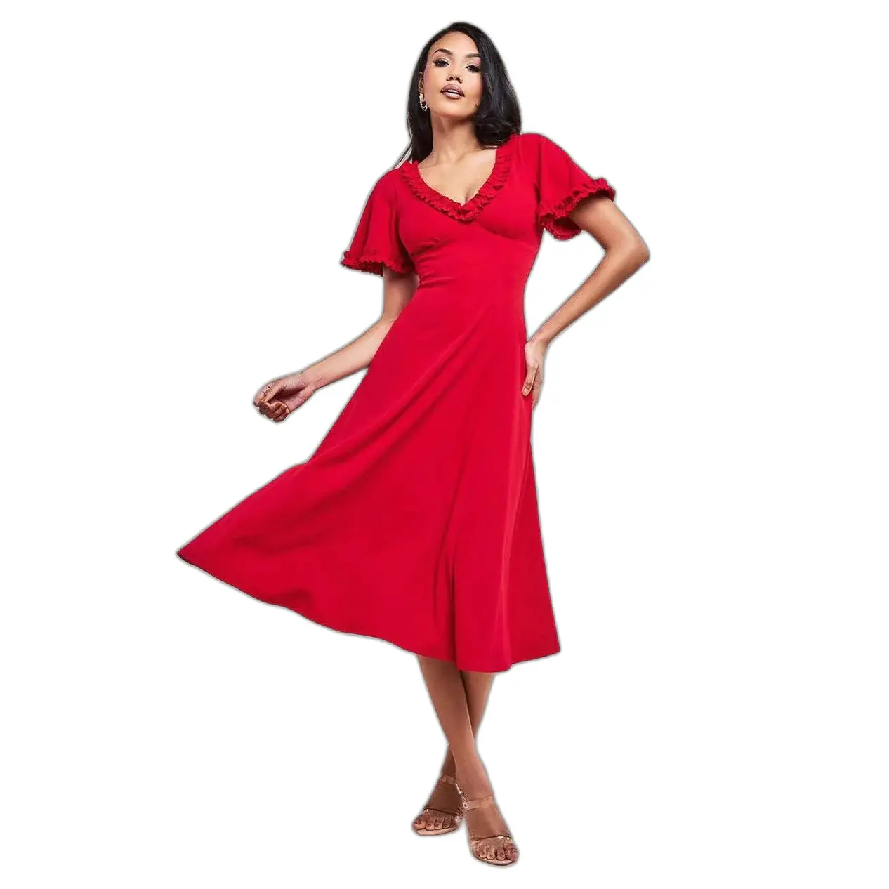 Image of Langarm Kleid mit Schlagärmeln und Volantkante Damen Goddiva