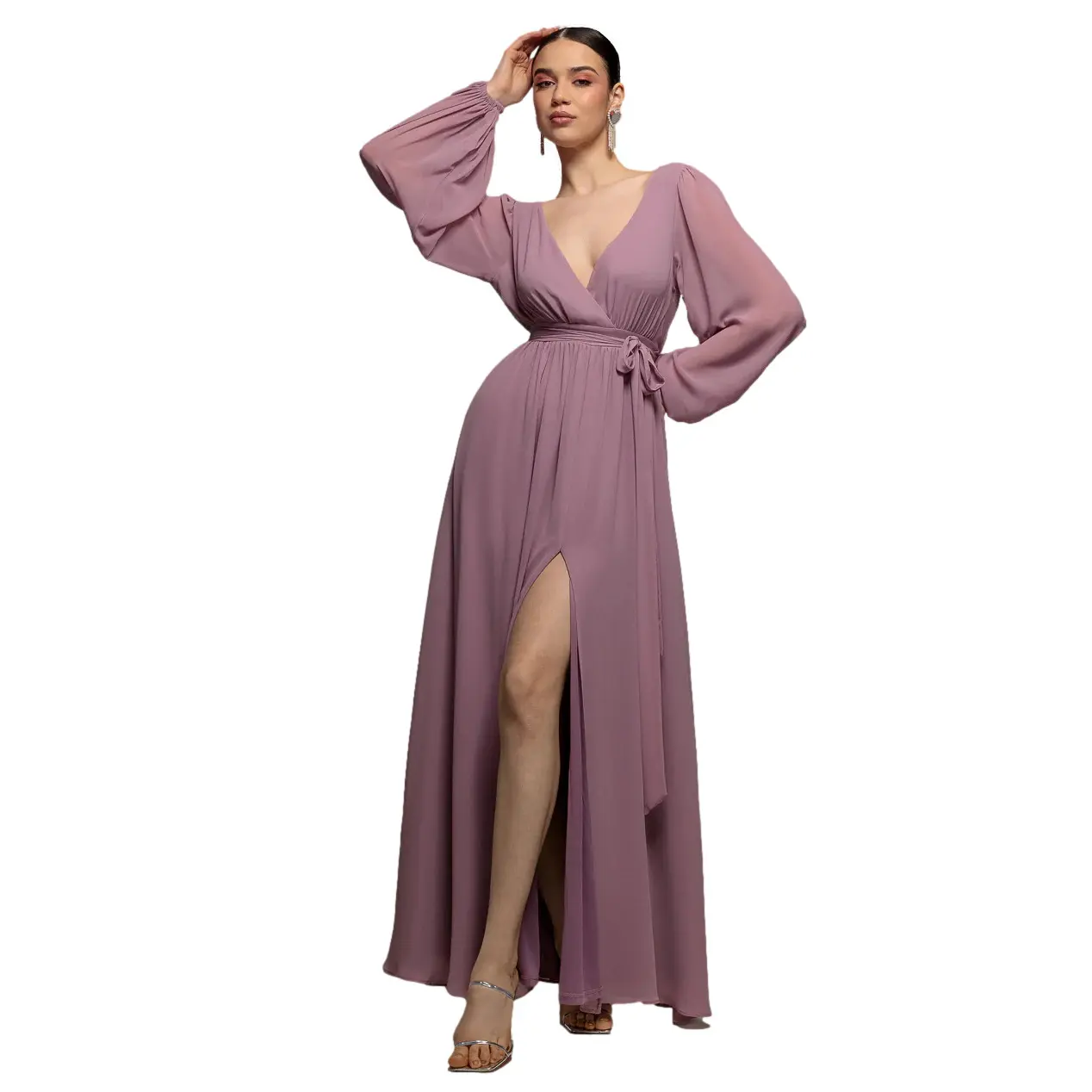 Lange, nachhaltiger Chiffon-Wickelrobe mit Spalt vorne für Damen Goddiva