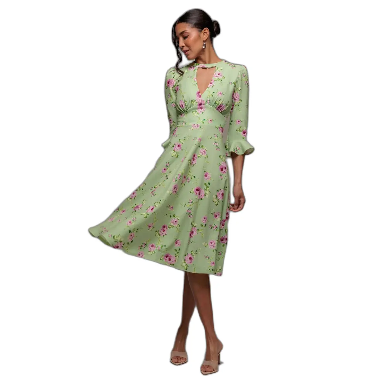 Mid-Length Flared Sleeve Floral Print Dress Women Goddiva