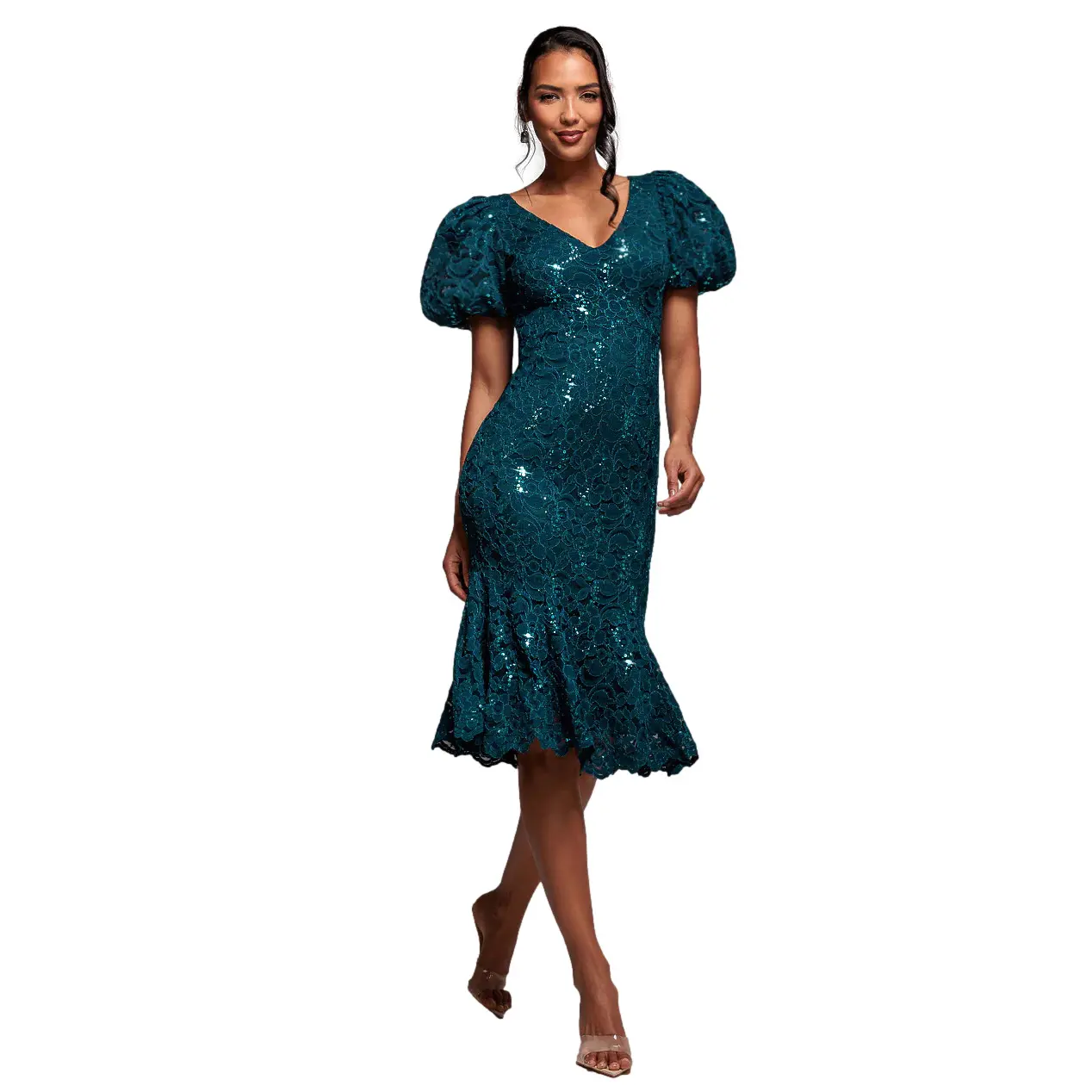 Ausgestelltes Kleid Damen Goddiva Midi Sequin Lace