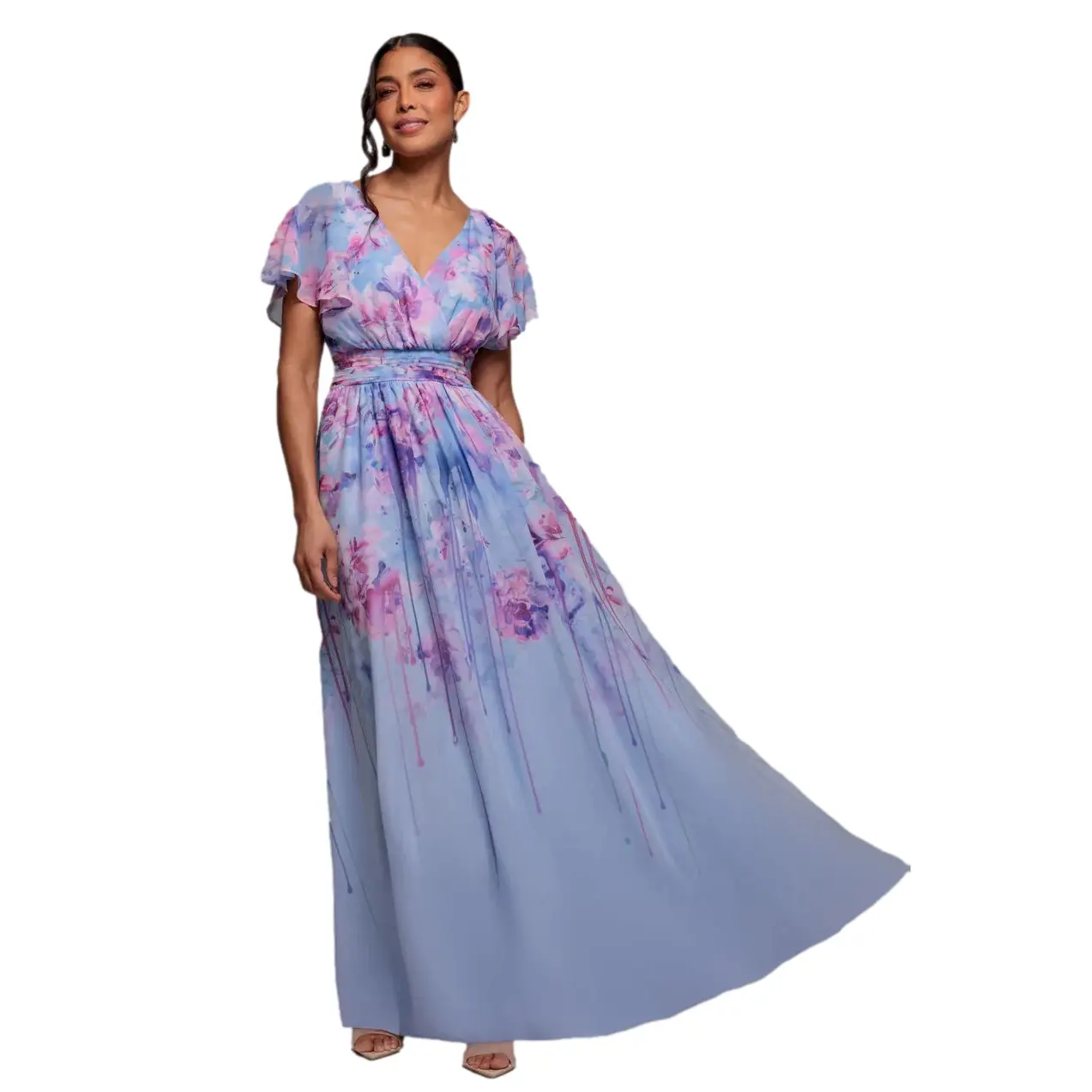 Long Printed Chiffon Dress with Butterfly Sleeves Women Goddiva
