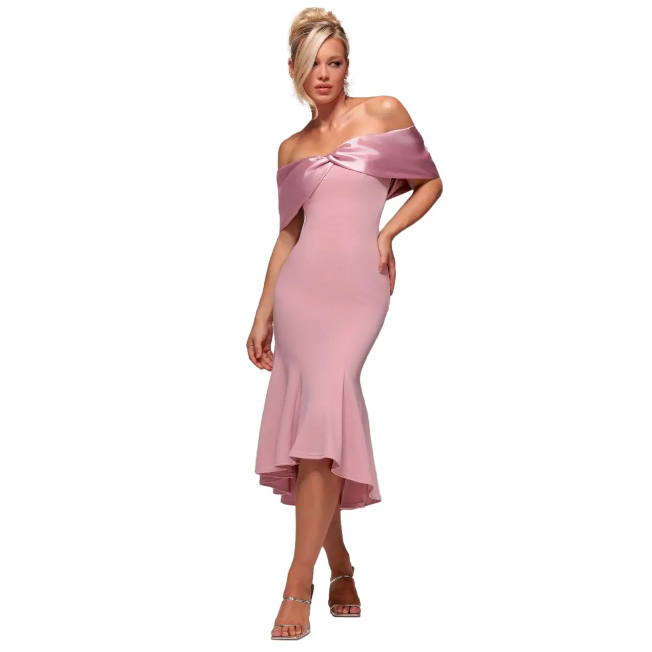 Image of Asymmetrisches Midi Wickelkleid Bardot aus Satin und Scuba mit Knoten für Damen Goddiva