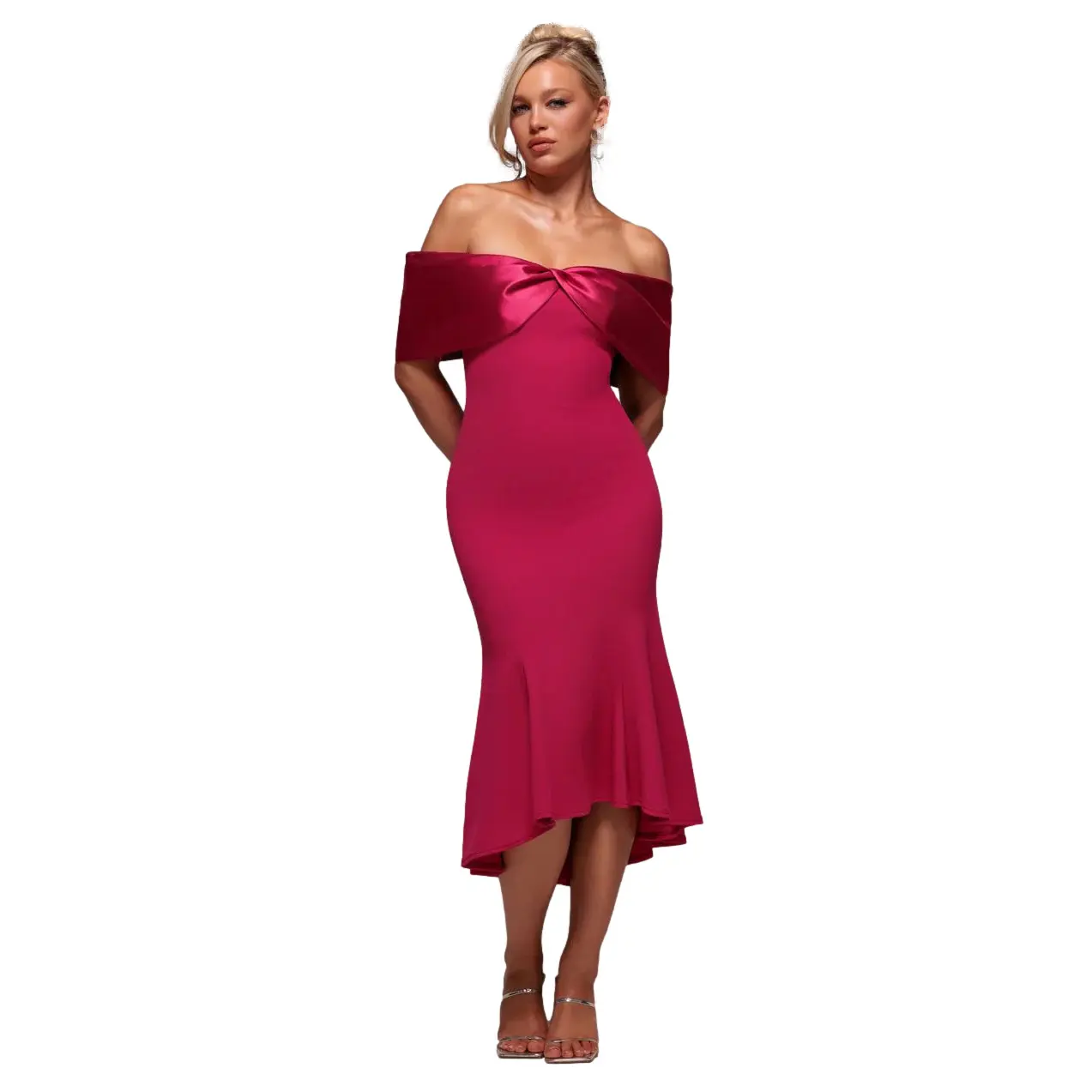Asymmetrisches Midi Wickelkleid Bardot aus Satin und Scuba mit Knoten für Damen Goddiva
