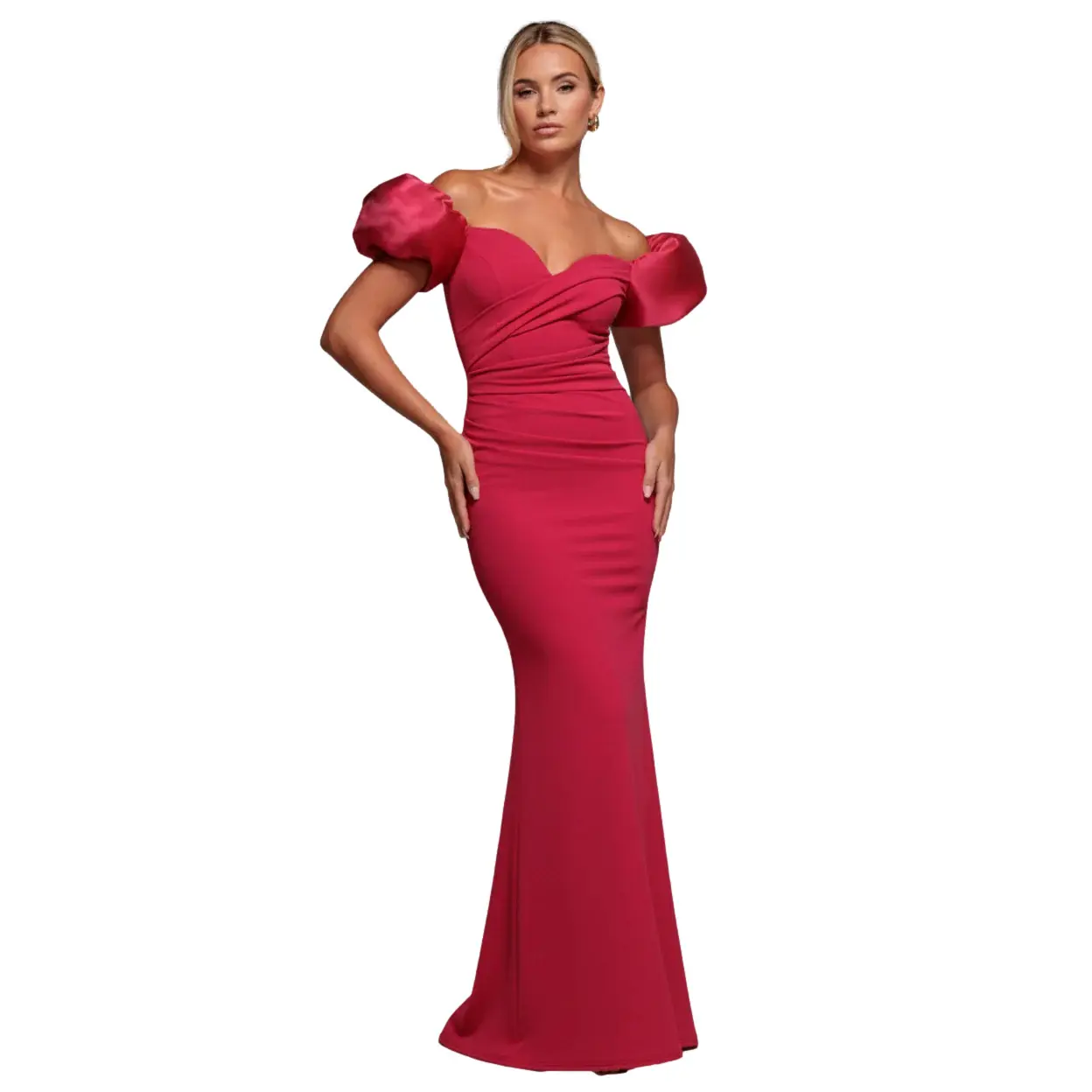 Goddiva Women's Rose Long Fitted Scuba Dress With Puff Sleeves In Satin