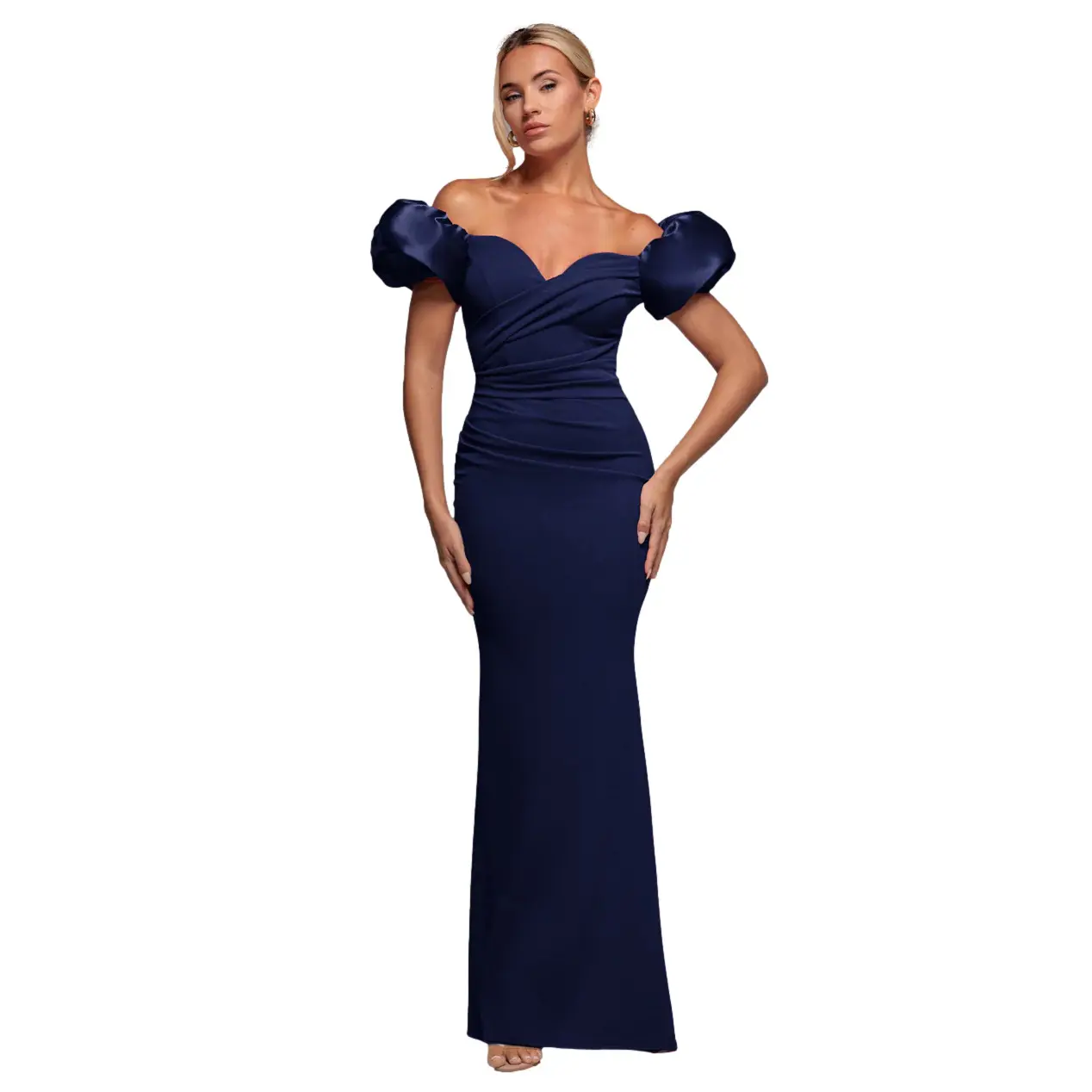 Long Fitted Scuba Dress with Puff Sleeves in Satin Women Goddiva