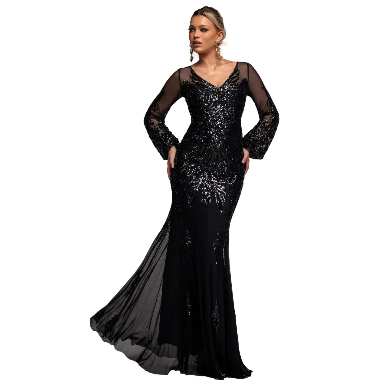 Image of Robe à manches bouffantes mit Pailletten für Damen Goddiva Maxi