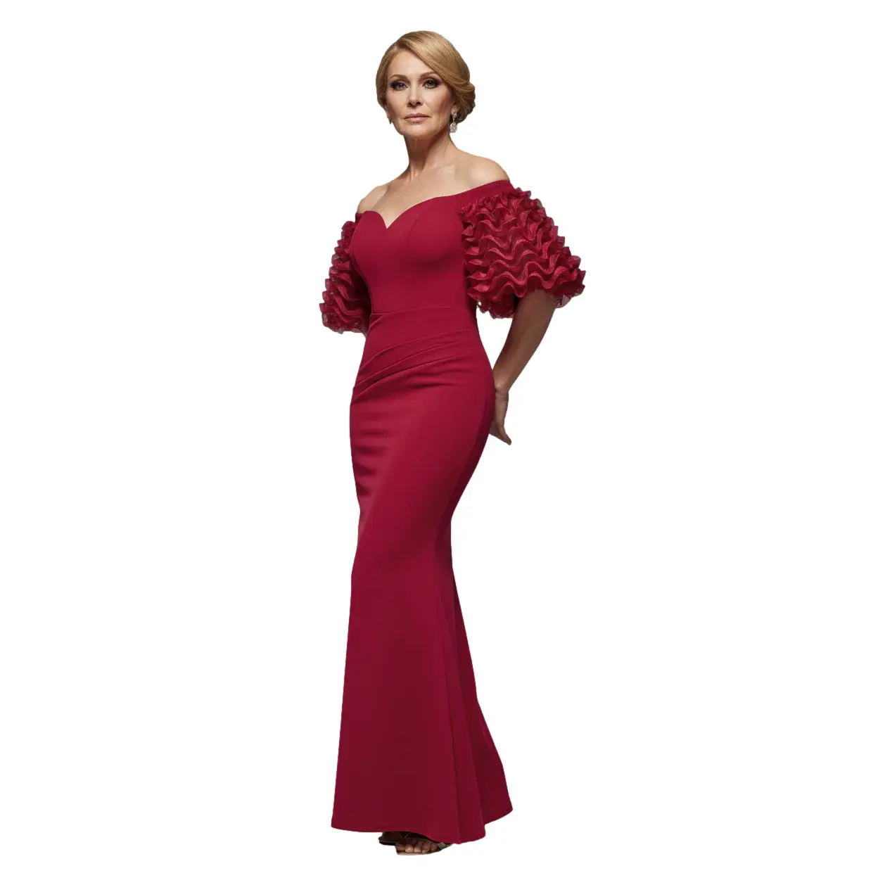 Abito aderente lungo con spalle scoperte e maniche a sbuffo donna