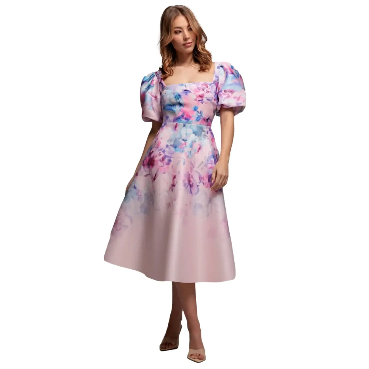 Kleid Puffärmel Damen Goddiva Midi
