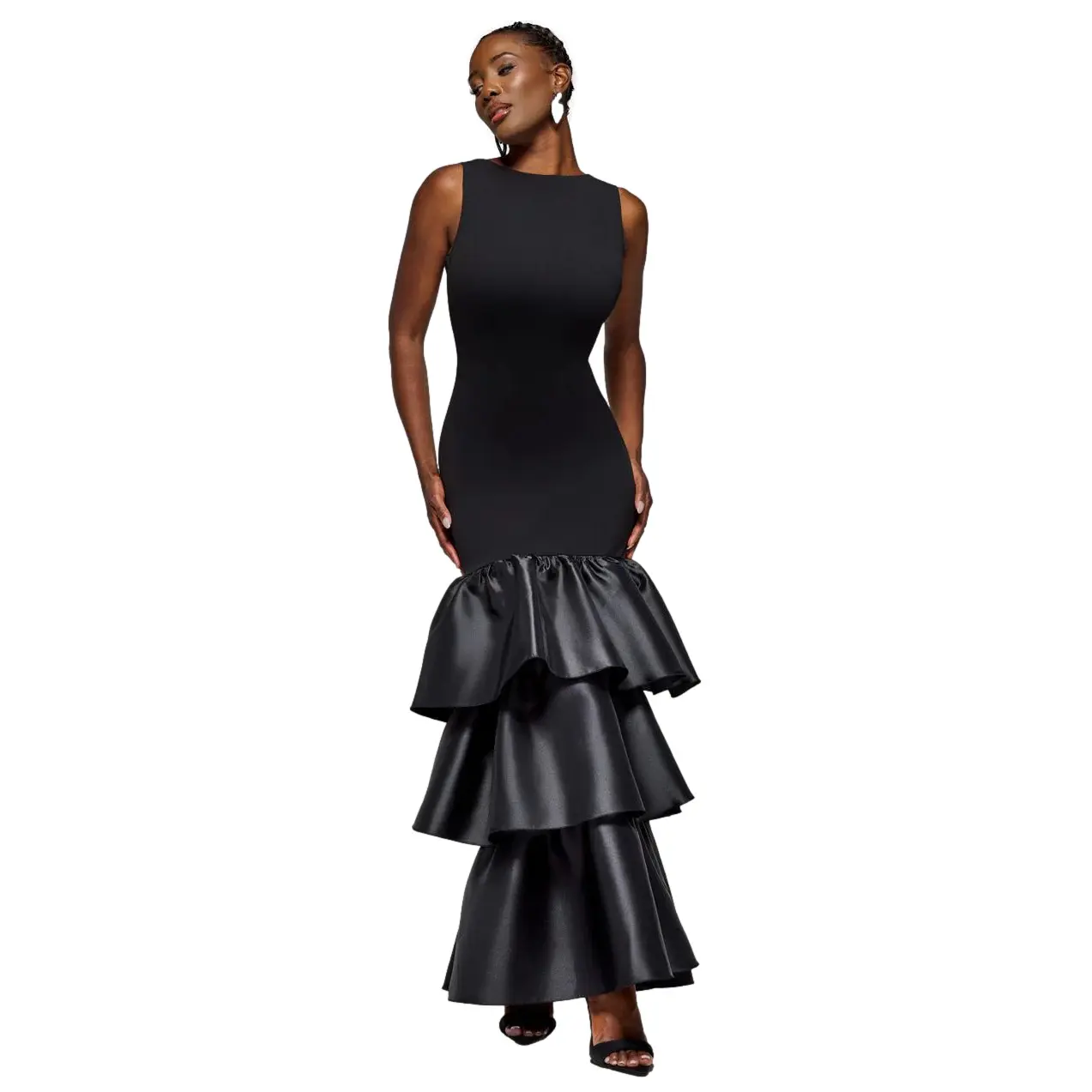 Boat Neck Satin Ruffled Dress Women Goddiva Scuba