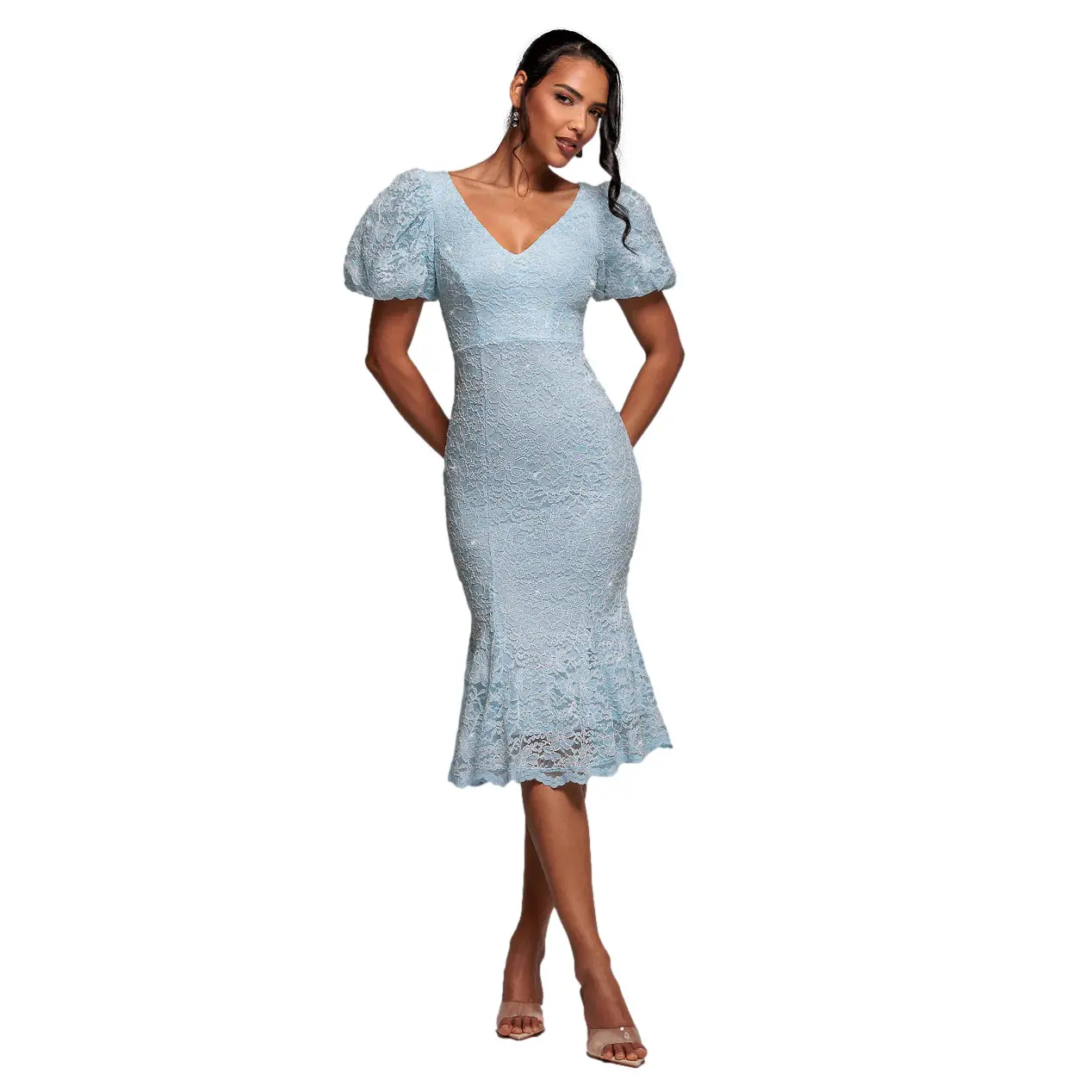 Midi Kleid Tailliert Ausgestelltes Mit Puffärmeln Spitzenbesatz Damen Goddiva