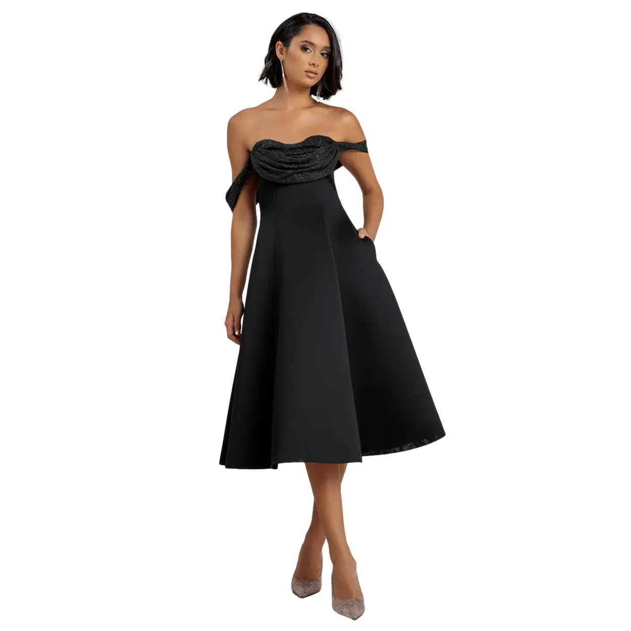 Image of Glitzernde Chiffon Wickelkleid mit Carmen-Ausschnitt Damen Goddiva Midi Bardot
