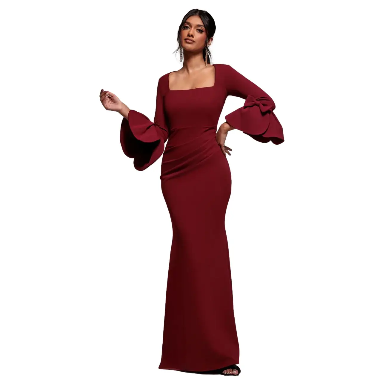 Long Fitted Dress with Ruffles and Bow Sleeve Petals Women Goddiva