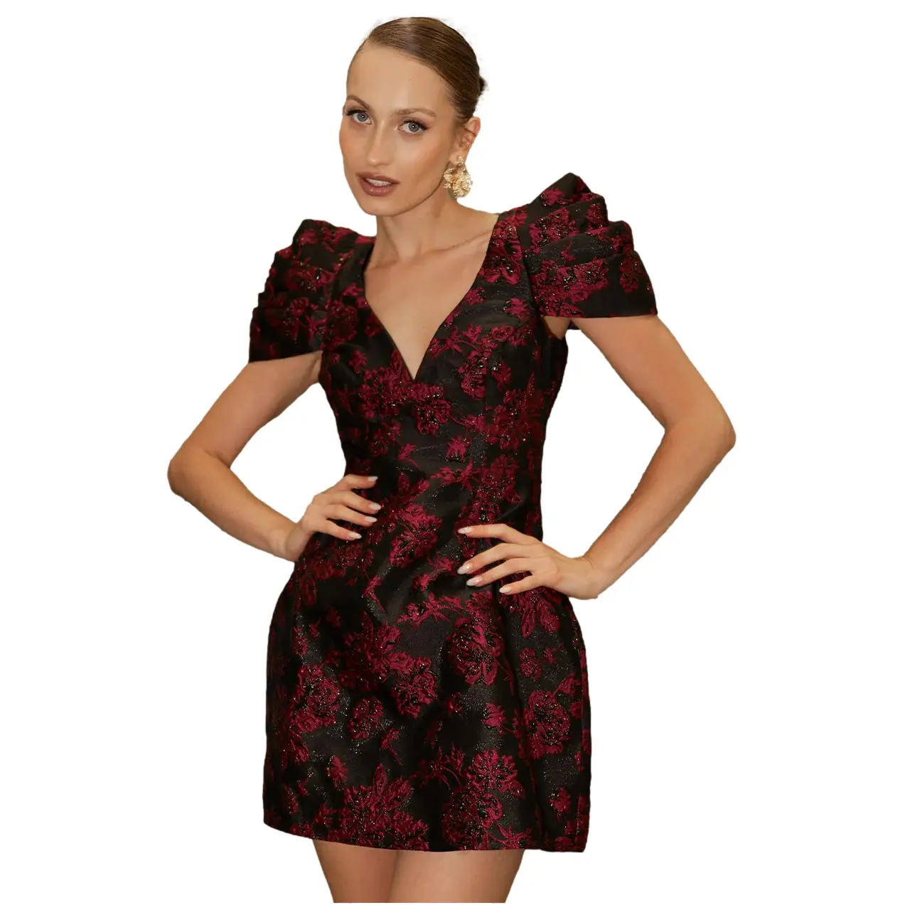 Image of Figurbetontes Minikleid aus Jacquard mit tiefem Ausschnitt und gerüschten Ärmeln für Damen Goddiva