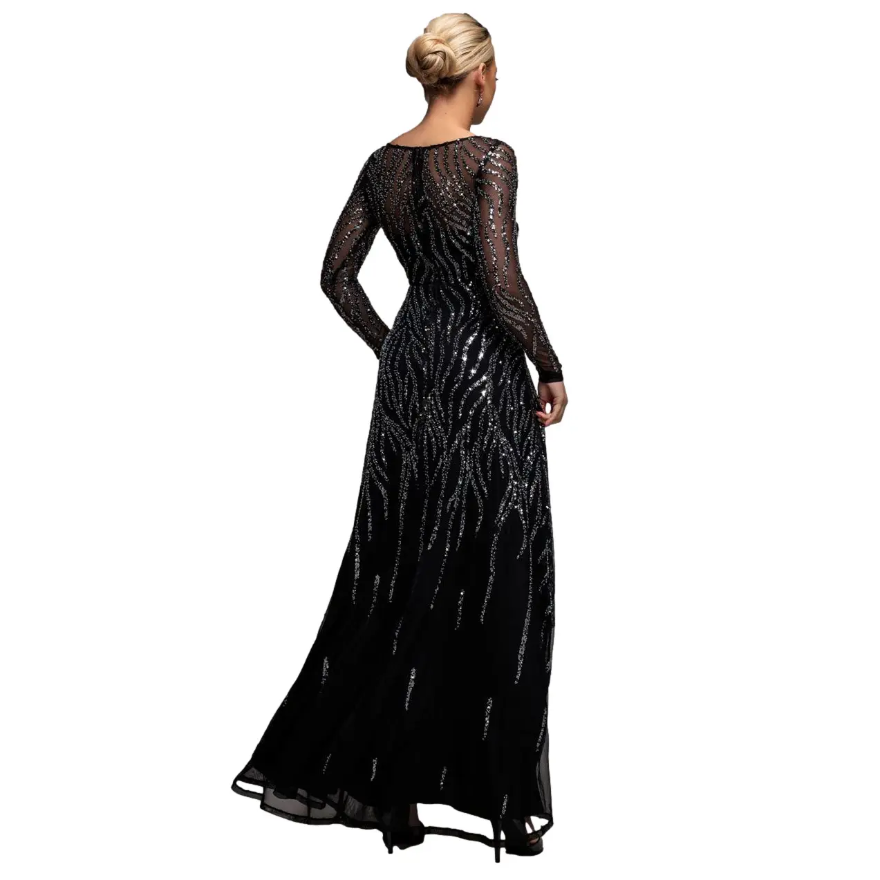 Robe nuisette lunghe a maniche lunghe svasate ornata di paillettes e perle sfumate donna