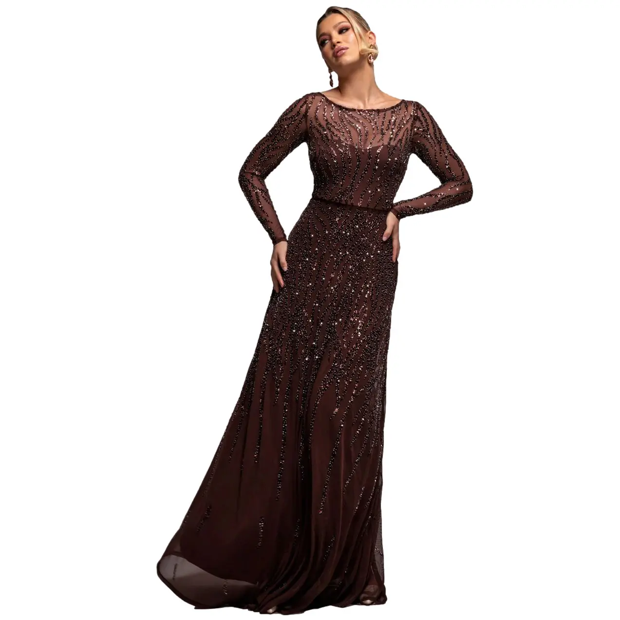 Robe nuisette lunghe a maniche lunghe svasate ornata di paillettes e perle sfumate donna