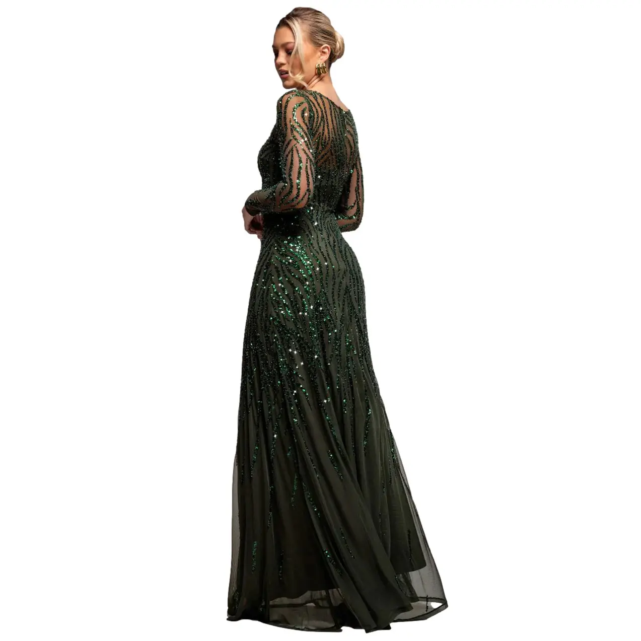 Robe nuisette lunghe a maniche lunghe svasate ornata di paillettes e perle sfumate donna